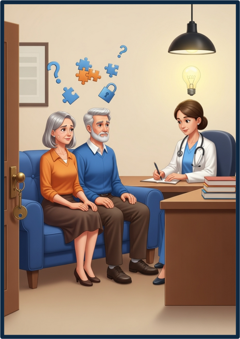 Couple talking to a doctor in a doctor's office.