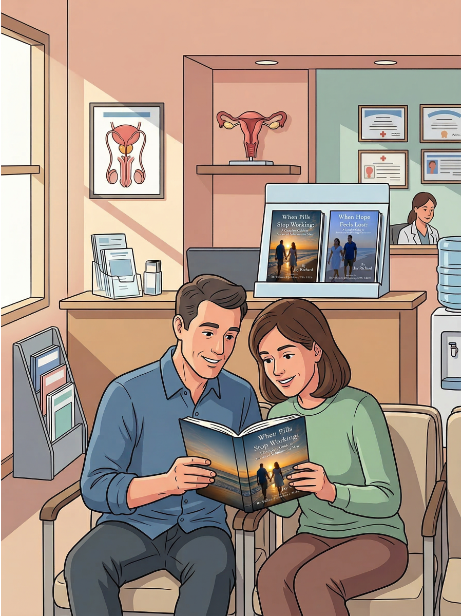 Couple Reading Jay Richard When Pills Stop Working in a Urologist Office