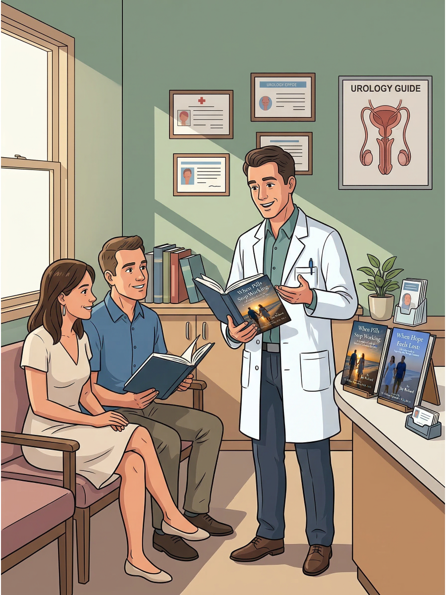 Urologist Holding a Copy of Jay Richard's When Pills Stop Working, explaining to patient couple